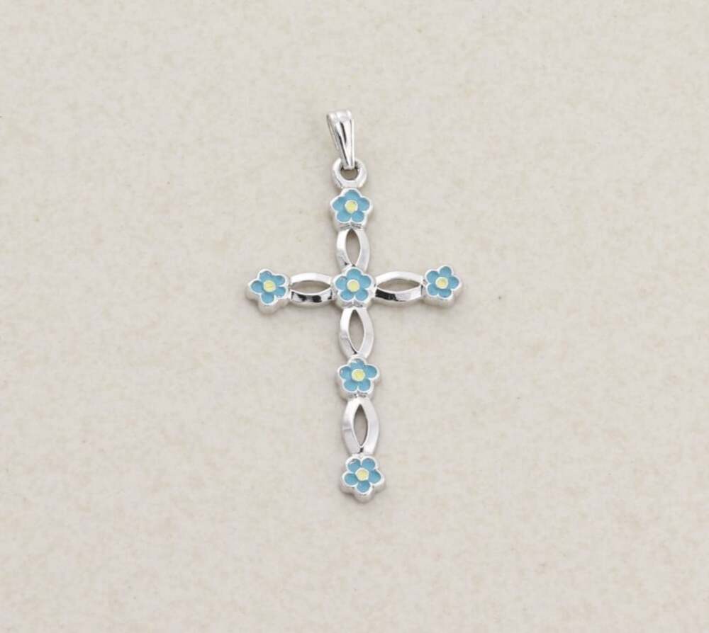Pendant Only Sterling Silver Guilloche Blue & Yellow Enamel Cross Pendant 1 1/2"